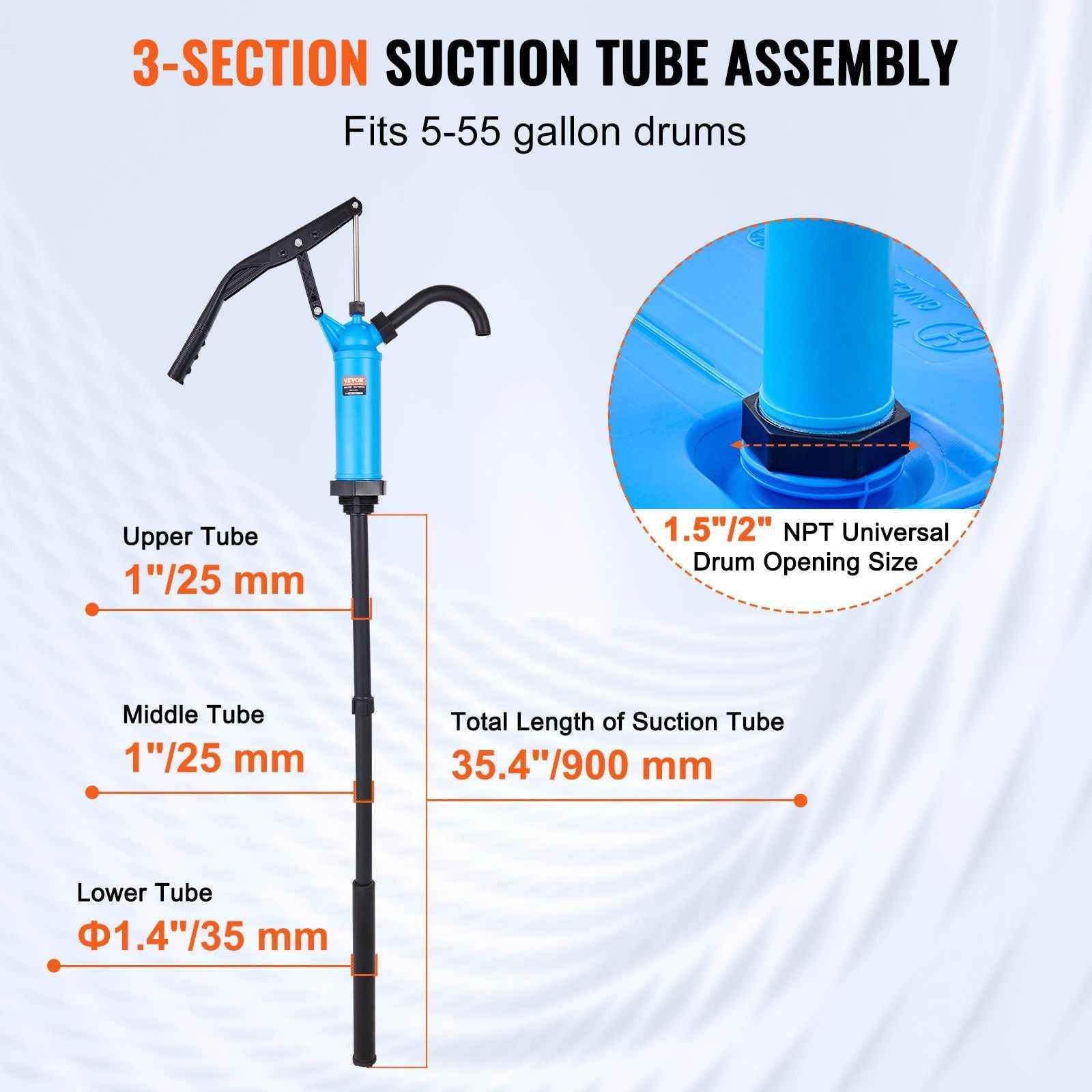 VEVOR Drum Pump, 9.5 oz. Per Stroke, Lever-Action Barrel Pump, Fits 5-55 Gallon Drums with 3-Section Suction Tube Assembly & Hose, Hand Operated, Designed to Transfer Water, Alcohol, Corrosive Liquids